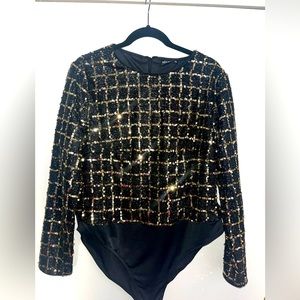 Shein never worn black and gold sequin body suit. Perfect for NYE!